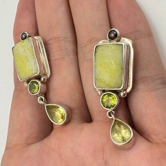 VTG Sterling Silver 925 Lizardite Bezel Set Stud Earrings Size 46mm Length - Picture 2 of 12